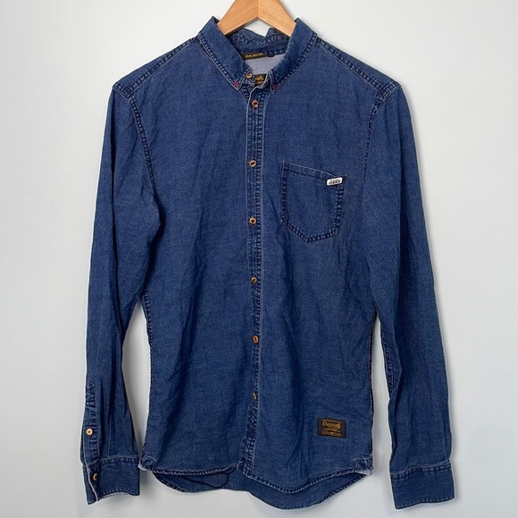 Jack and Jones Other - Jack And Jones Originals Indigo Denim Button-Up Shirt Embroidered Slim Fit Sz M